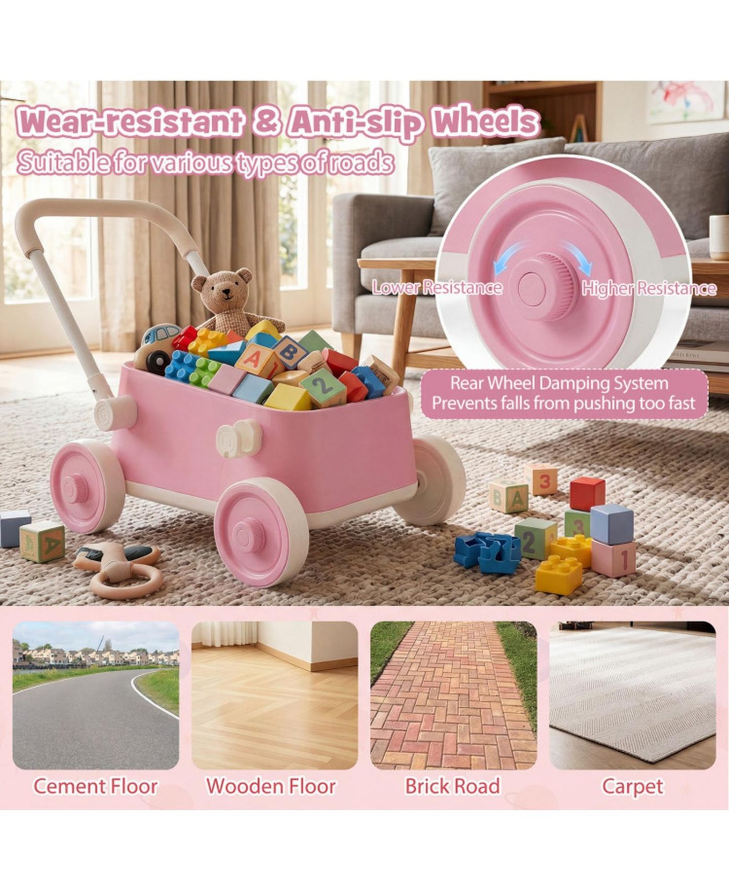 Детская игрушка SUGIFT Baby Push Wagon with Foldable Handlebar and Storage Basket, Ages 3-6, цвет: Розовый — фото 6