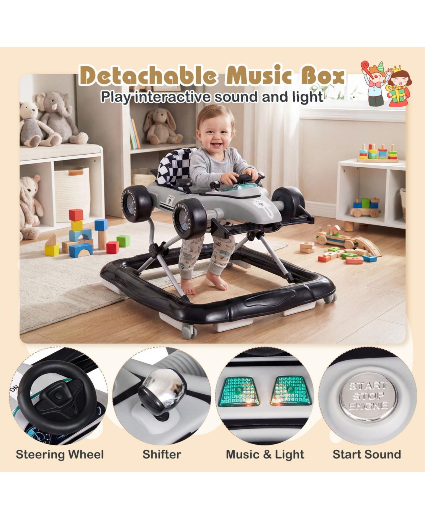 Детская игрушка SUGIFT 4-in-1 Baby Push Activity Center Height-Adjustable Detachable Music Box Walker, Ages 6-18 Months, цвет: Серый — фото 5