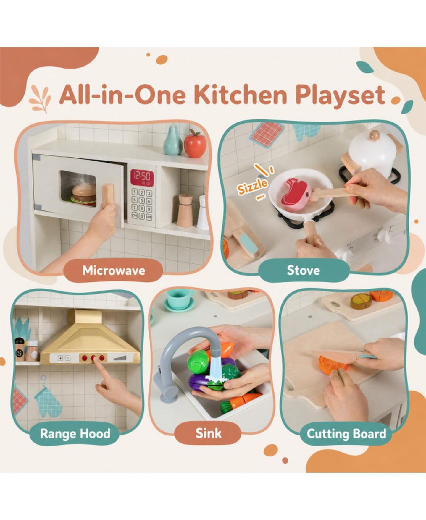 Детская игрушка HONGGE Lights and Sounds Wooden Play Kitchen, Ages 3+ — фото 5
