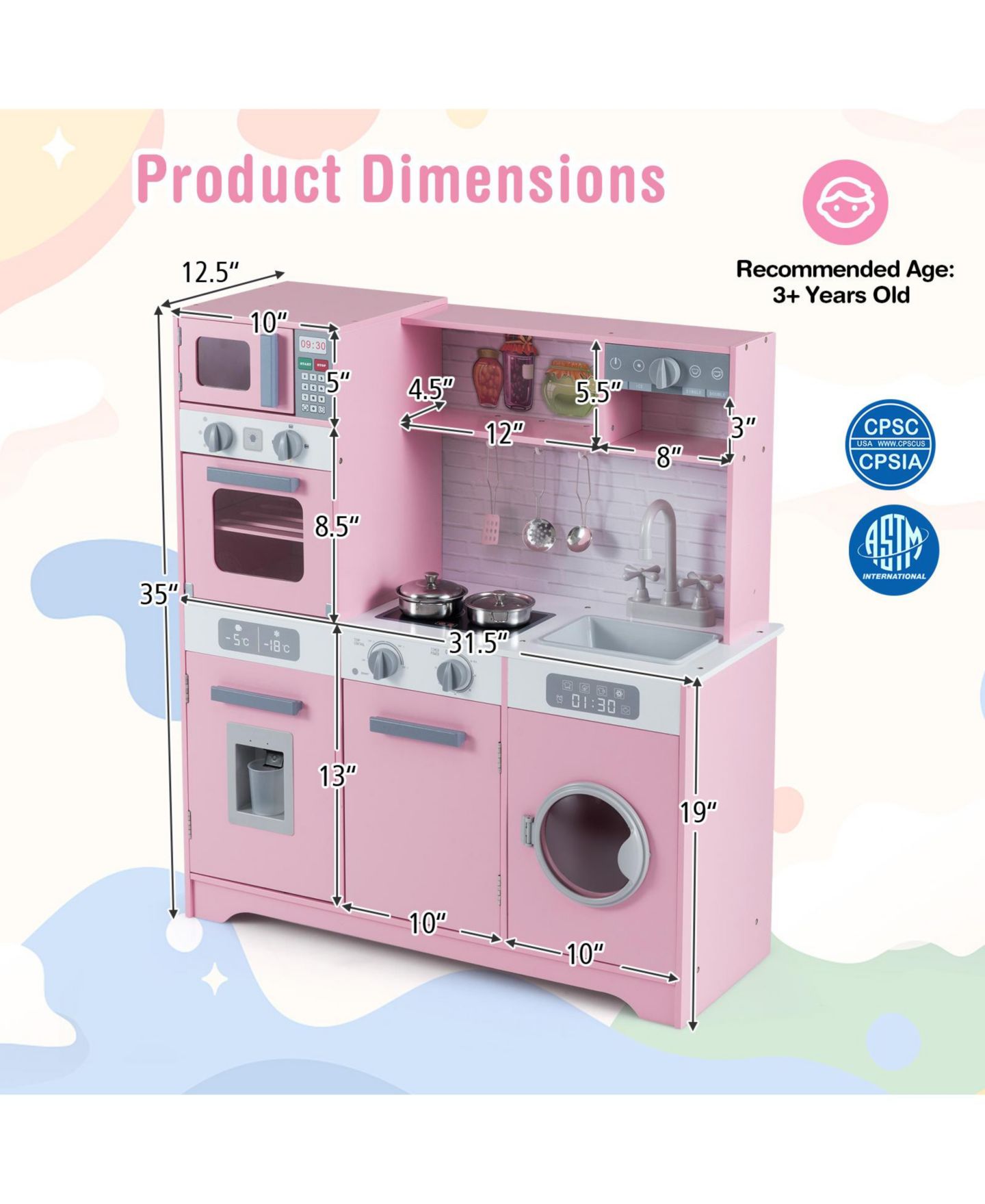 Детские игрушки HONGGE Clicking-Knobs Washing Machine Door Pretend Play Kitchen Set, Ages 3+, цвет: Розовый — фото 4