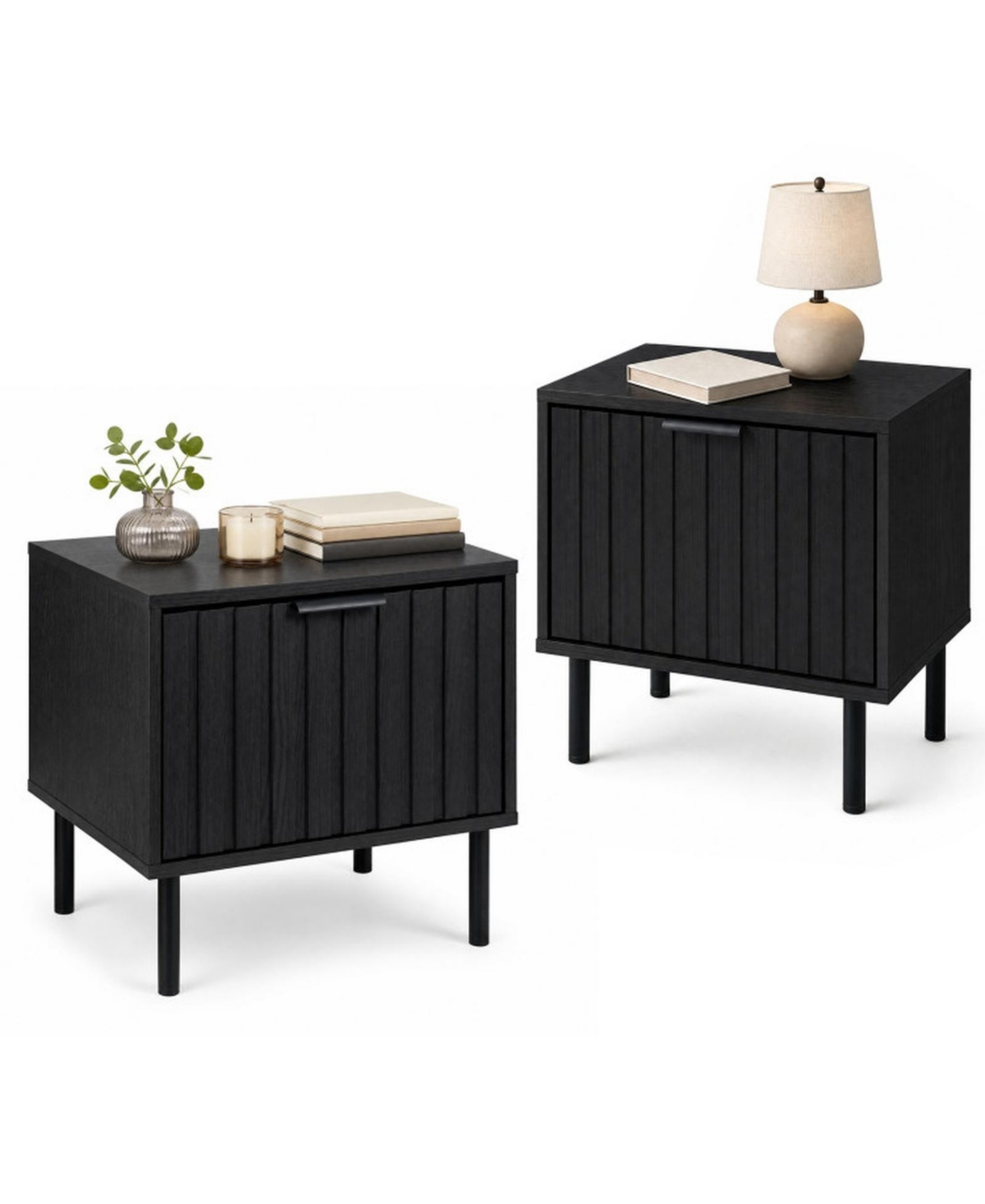 Gouun Set of 2 Fluted Bedside Nightstands with Storage Drawer