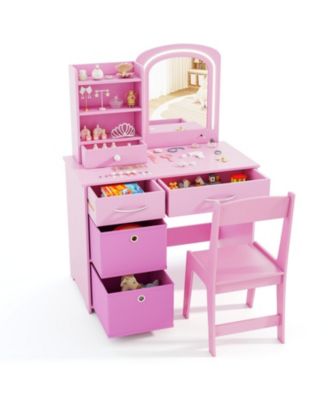 Kids Makeup Vanity Table and Chair Set Featuring Lighted Mirror