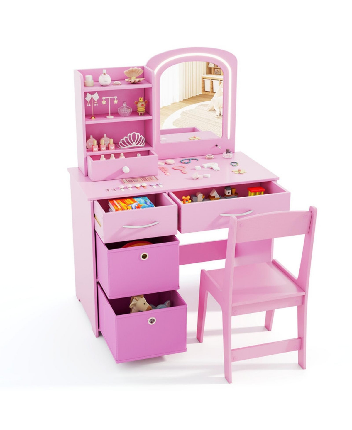Gouun Kids Makeup Vanity Table and Chair Set Featuring Lighted Mirror - Princess pink