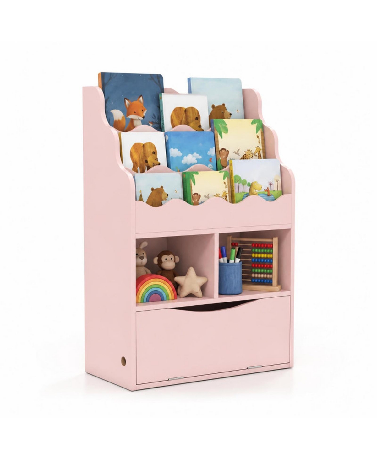 Sugift Kids Bookcase with 3-Tier Sling Bookshelf Open Cubes and Flip Down Cabinet - Pink