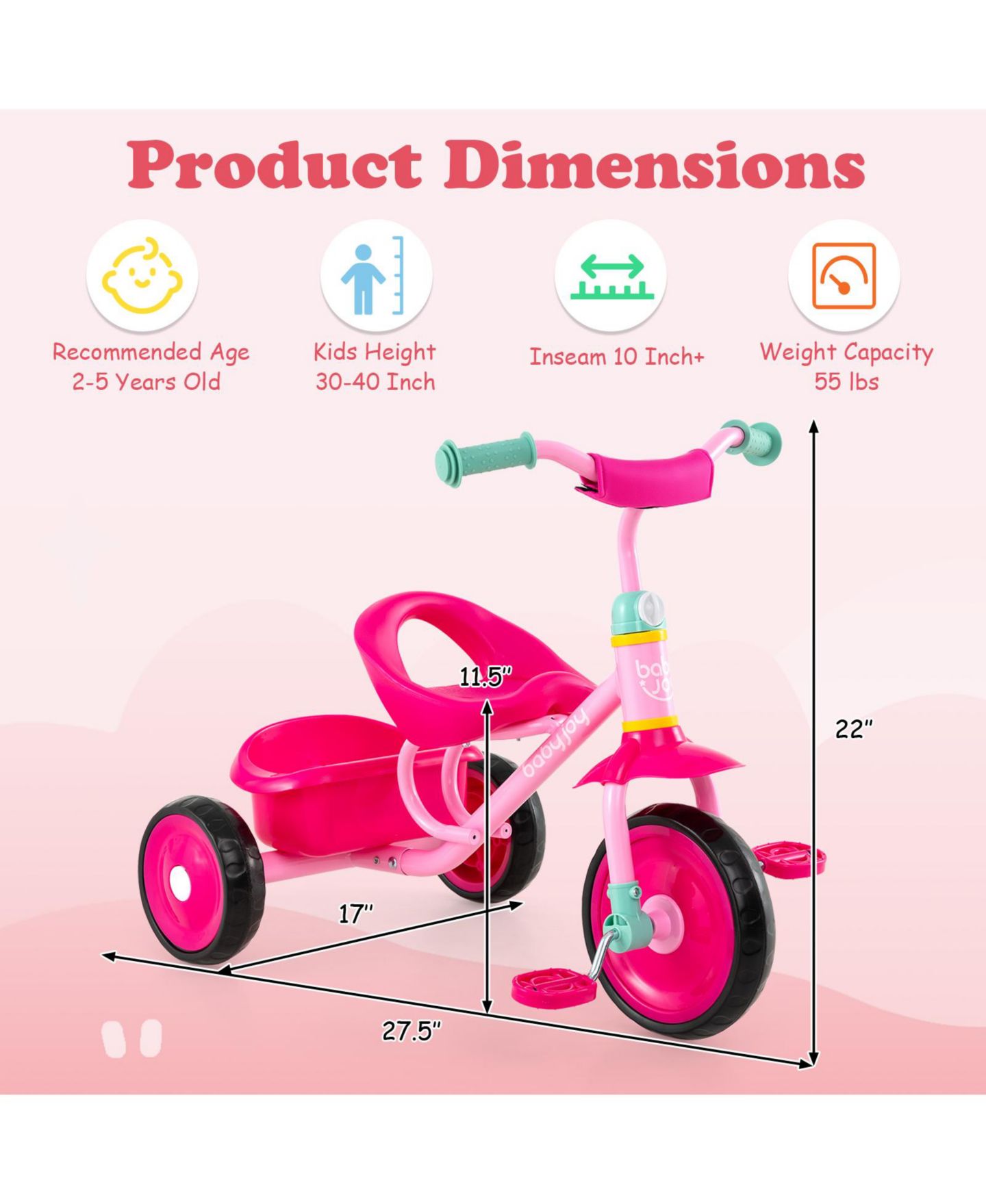 Детская игрушка Costway Toddler Tricycle with Removable Storage Basket, Indoor/Outdoor, 55 lbs Capacity, 2–5 лет, цвет: Розовый — фото 4