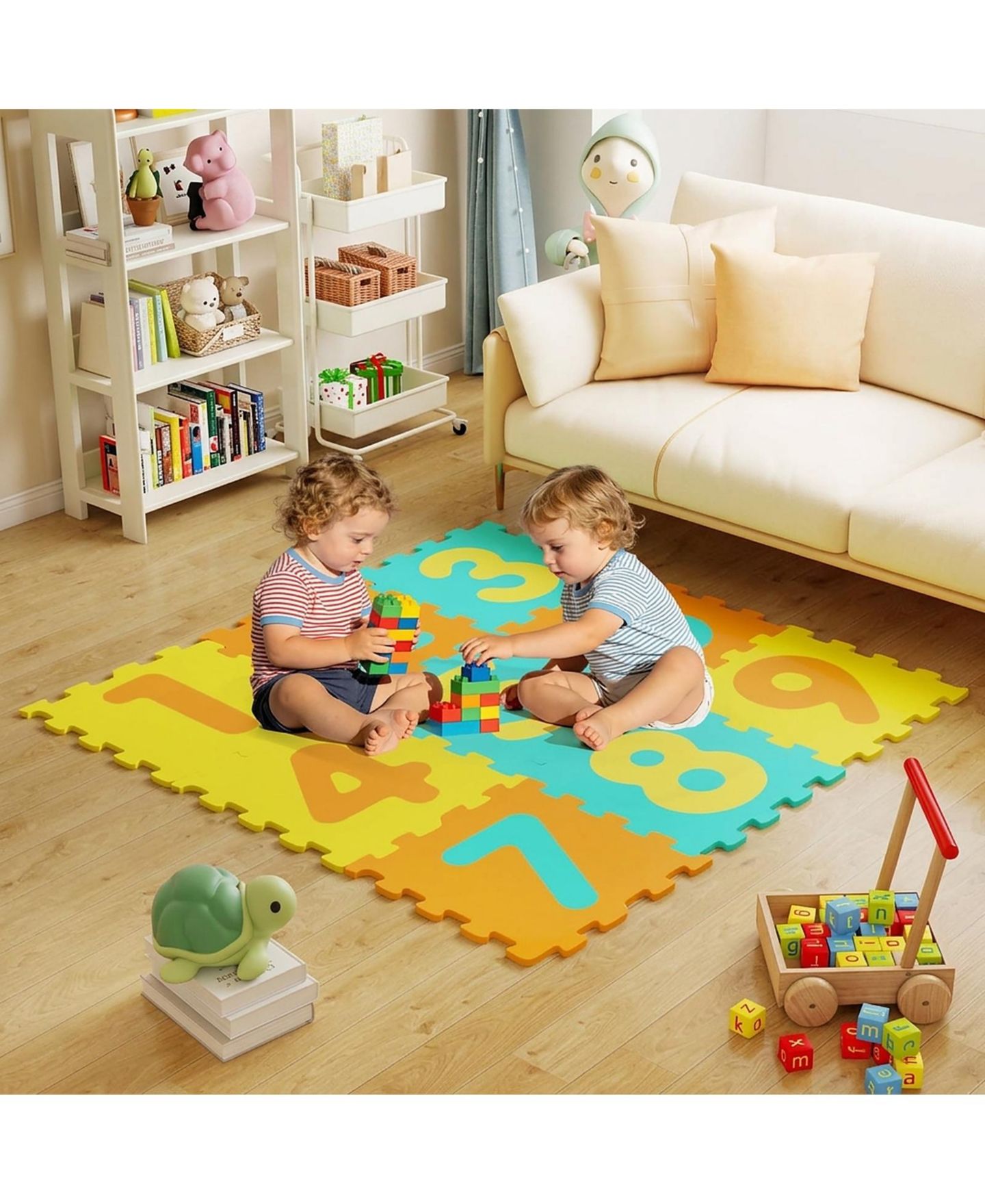 Детские игрушки HONGGE 9 Piece Foam Hopscotch Play Mat with Three Marker Discs, Ages 10 Months+, цвет: Assorted Tile Colors — фото 8
