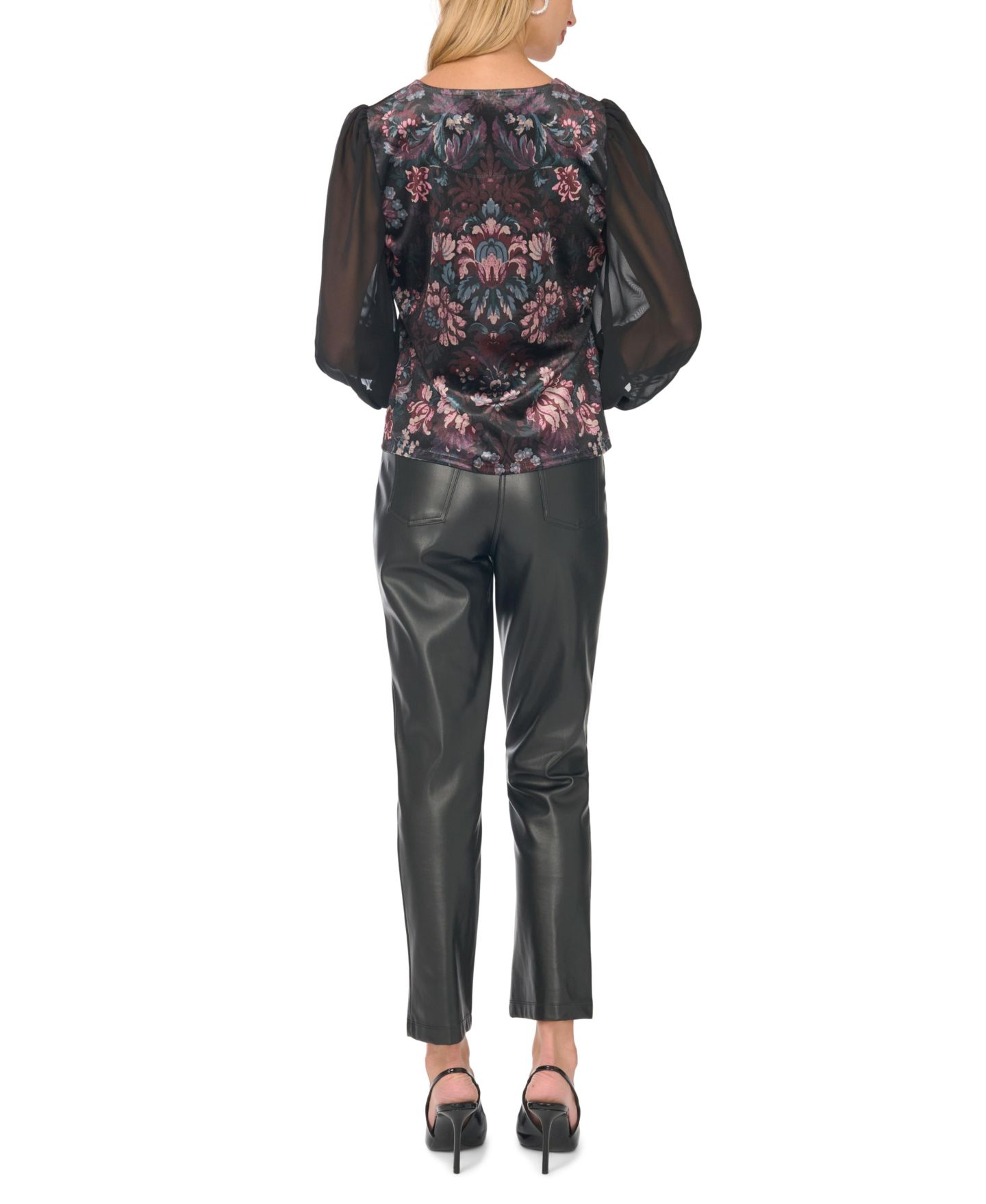 Женская блузка Vince Camuto Floral-Print V-Neck Puff-Sleeve, цвет: Насыщенный чёрный — фото 5