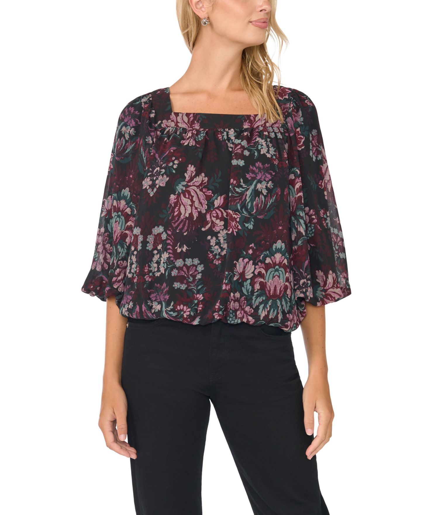 Женская блузка Vince Camuto Damask Floral Square Neck Bubble Short-Sleeve, цвет: Насыщенный чёрный — фото 1