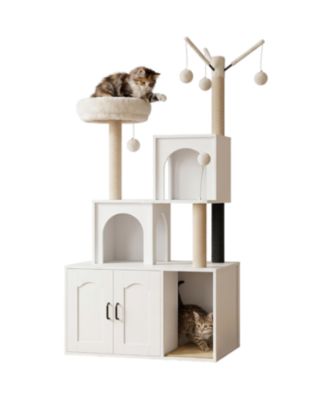 2-in-1 Hidden Litter Box Cat Tree Cabinet - Wooden Cat Tower with Scratching Posts, Condo and Cushion