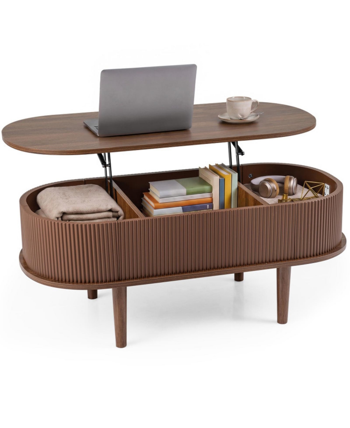 Sugift 43.5in Oval Lift Top Coffee Table with Storage and Fluted Design for Living Room