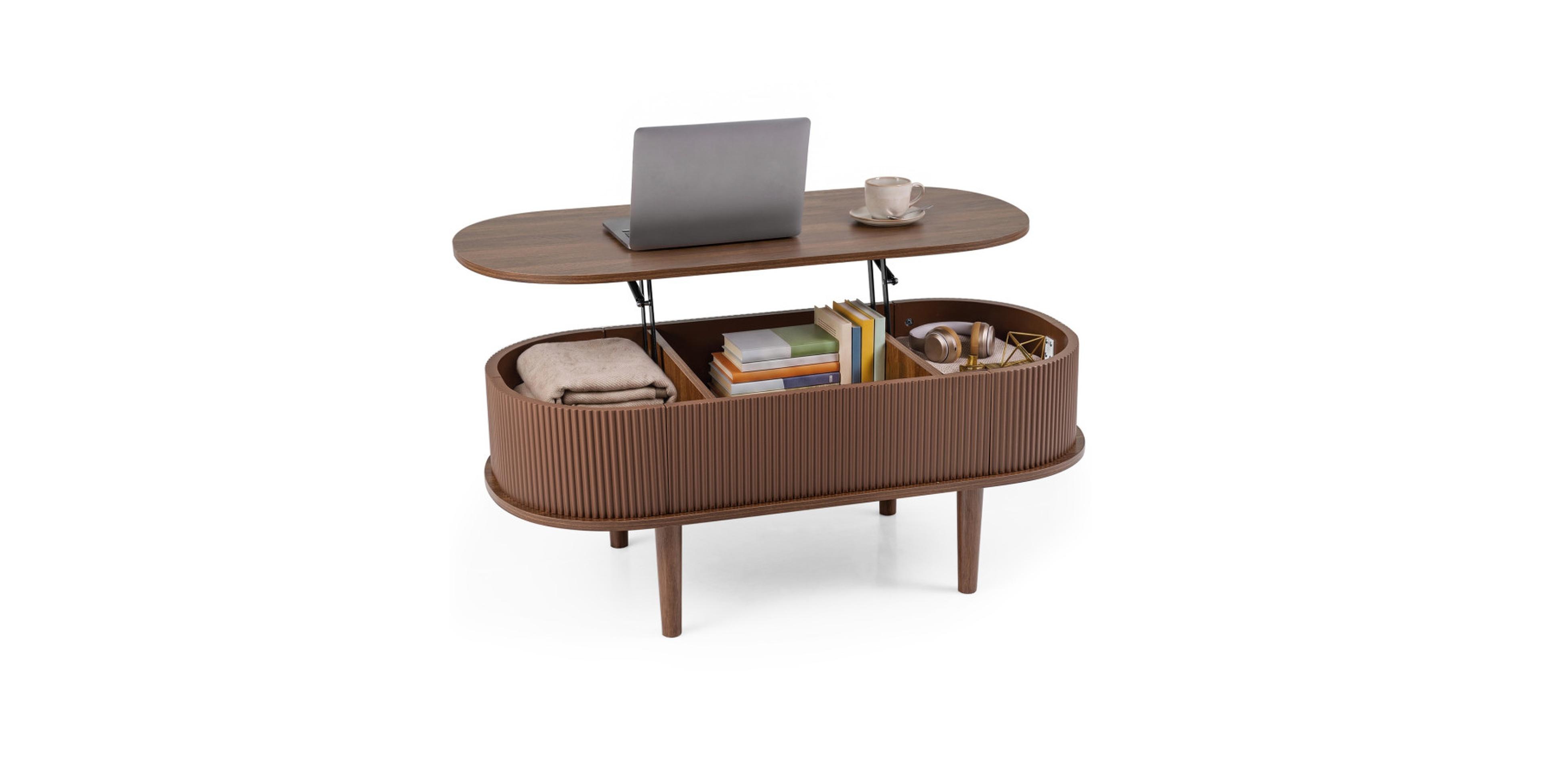 Sugift 43.5in Oval Lift Top Coffee Table with Storage and Fluted Design for Living Room