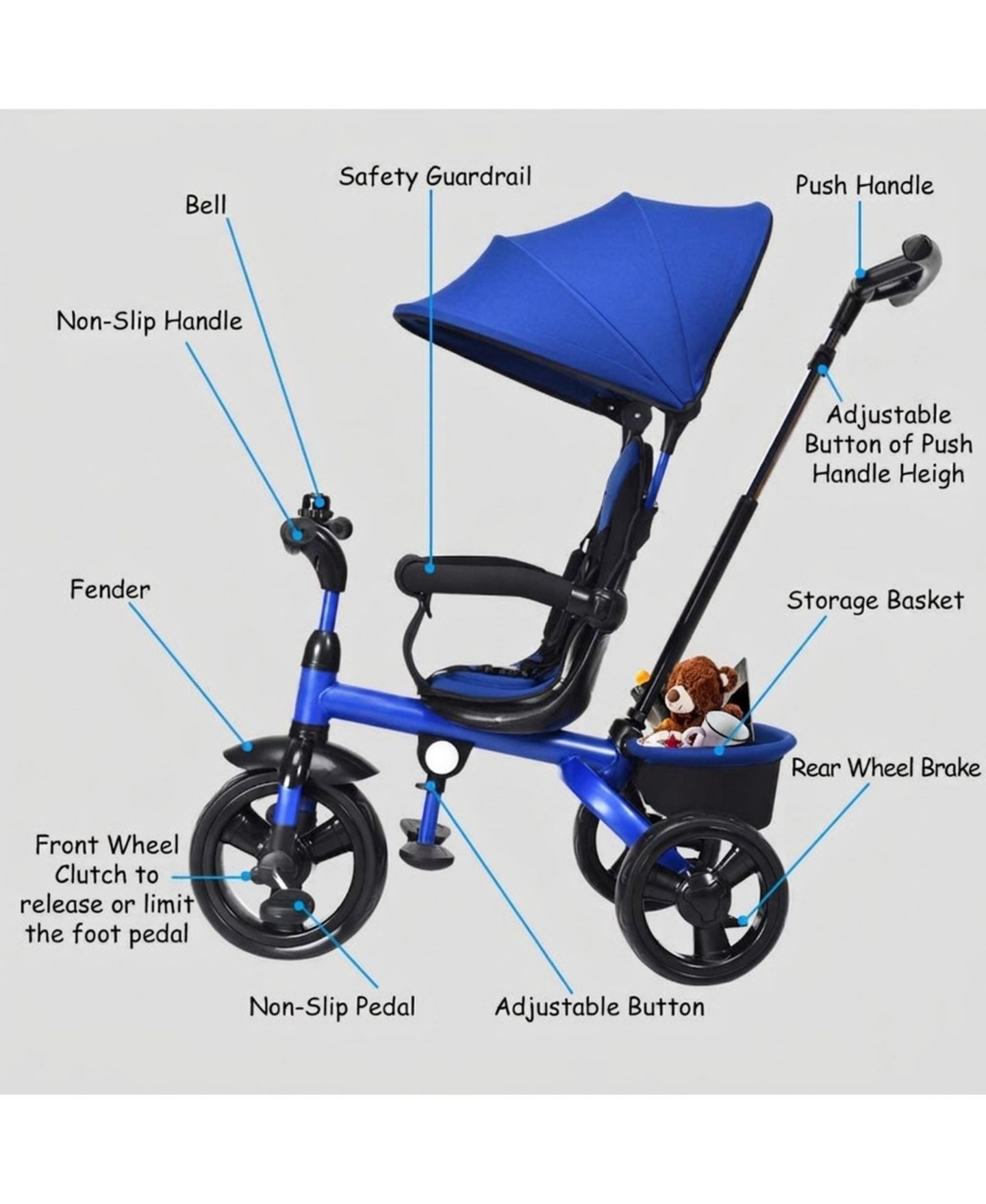 Детская игрушка HONGGE 4-in-1 Kids Tricycle with Adjustable Push Handle, 50 lbs Capacity, Ages 10 Months-5 Years, цвет: Синий — фото 4