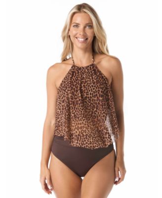 Women's Aura Mesh Ruffle Bra Sized Tankini Top and High Waist Bottoms