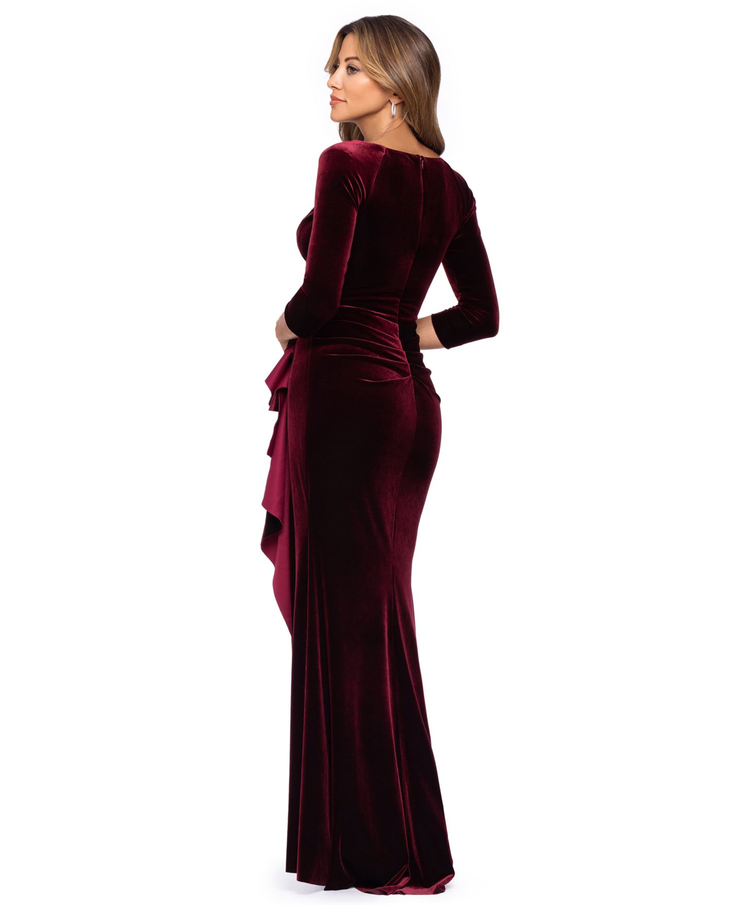 Женское платье XSCAPE Velvet V-Neck Ruffle-Front Long-Sleeve Gown, цвет: Бордовый — фото 4