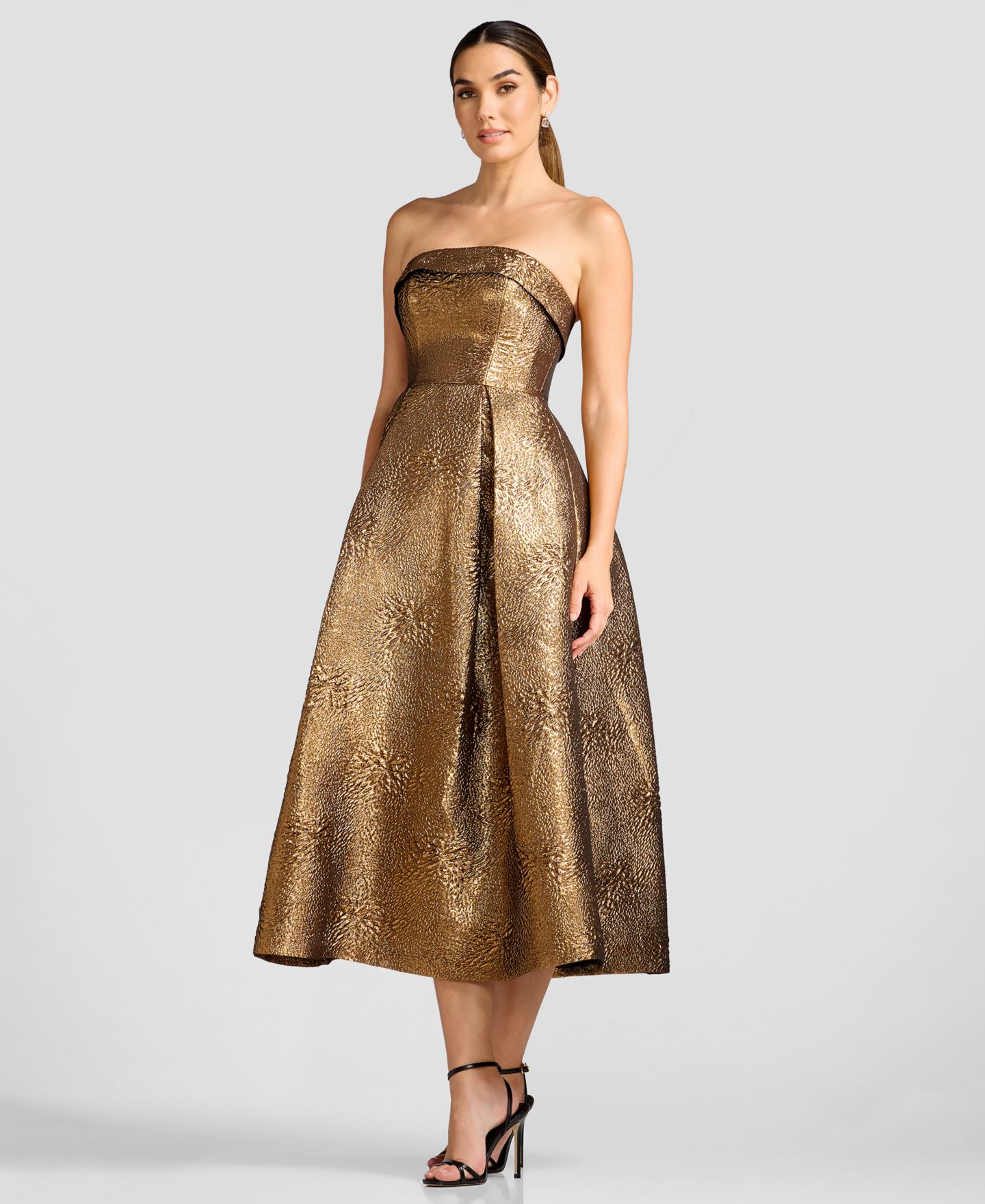 Женское платье Dress the Population Mika Strapless Fit & Flare Tea Length, цвет: Золотой — фото 3