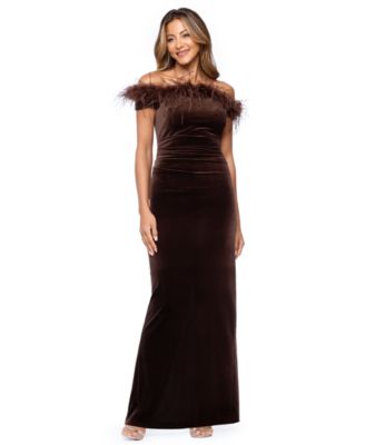Women's Off-the-Shoulder Velvet Feather-Trim Gown
