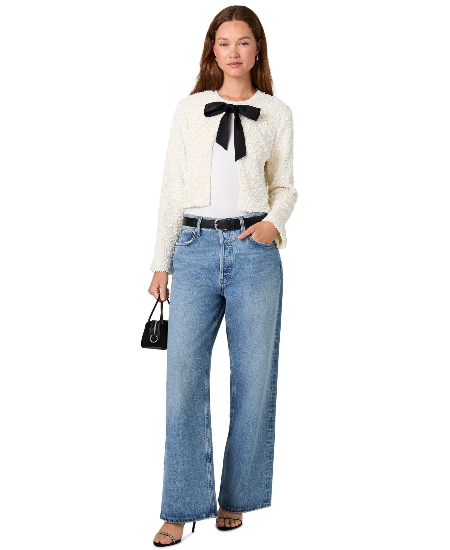 Женский топ French Connection Sequin Velvet Crop Long-Sleeve, цвет: Зимний белый / Чёрный — фото 4