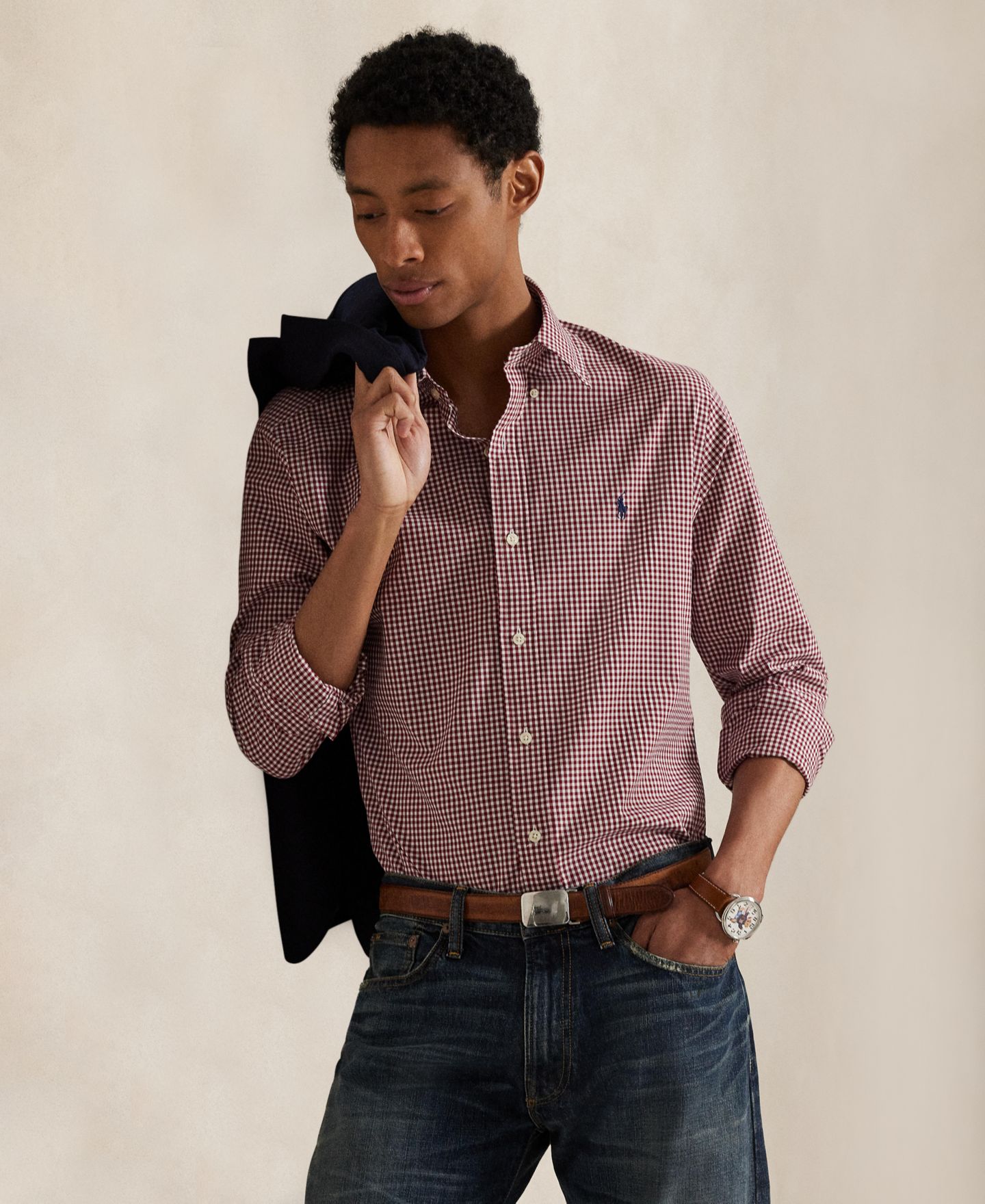 Мужская рубашка Polo Ralph Lauren Custom из поплина со стрейчем в клетку гингем, цвет: Винный / Белый — фото 3