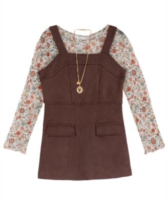 Girls' 7-16 Faux-Suede Square-Neck Floral-Print Jumper, Top and Necklace, 3-Piece Set