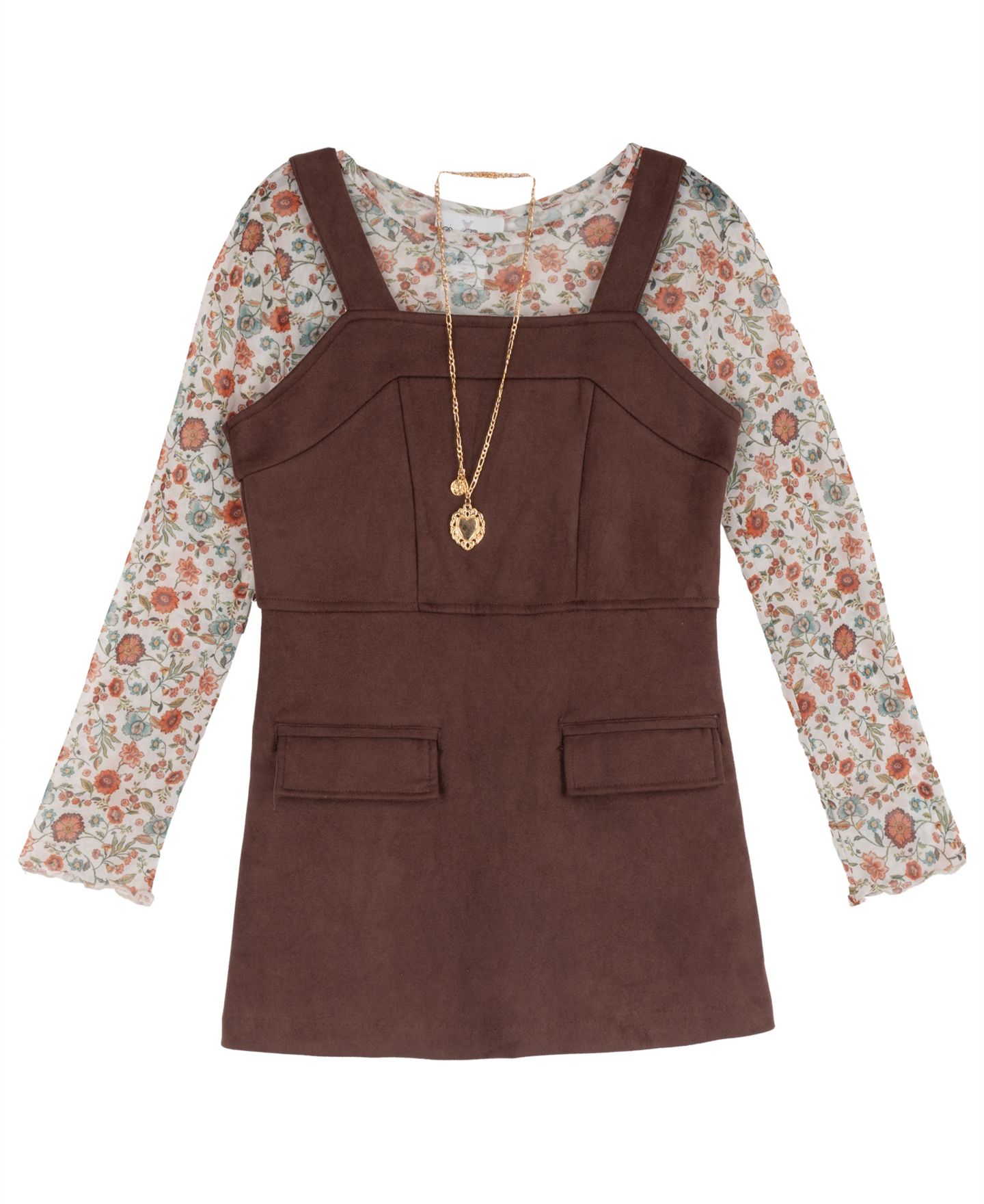 Комплекты Rare Editions Faux-Suede Square-Neck Floral-Print Jumper, Top and Necklace, 3-Piece Set для девочек, цвет: Коричневый — фото 1