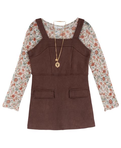 Комплекты Rare Editions Faux-Suede Square-Neck Floral-Print Jumper, Top and Necklace, 3-Piece Set для девочек, цвет: Коричневый