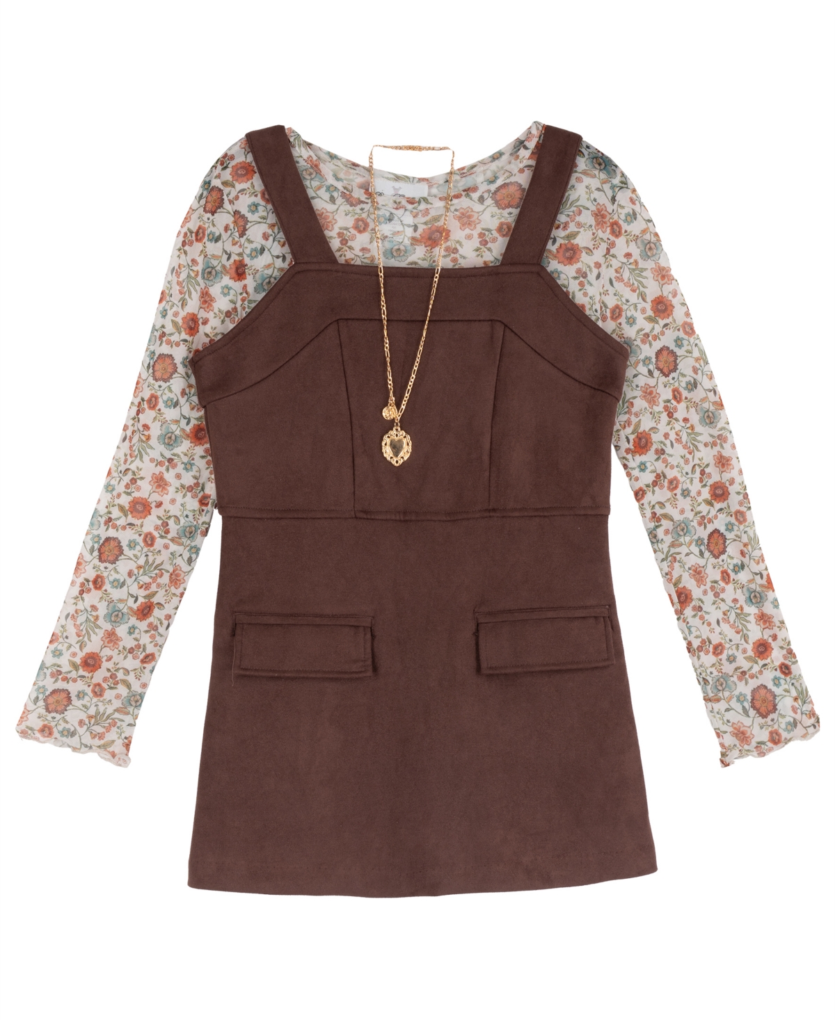 Rare Editions Girls' 4-16 Faux-Suede Square-Neck Floral-Print Jumper, Top and Necklace, 3-Piece Set