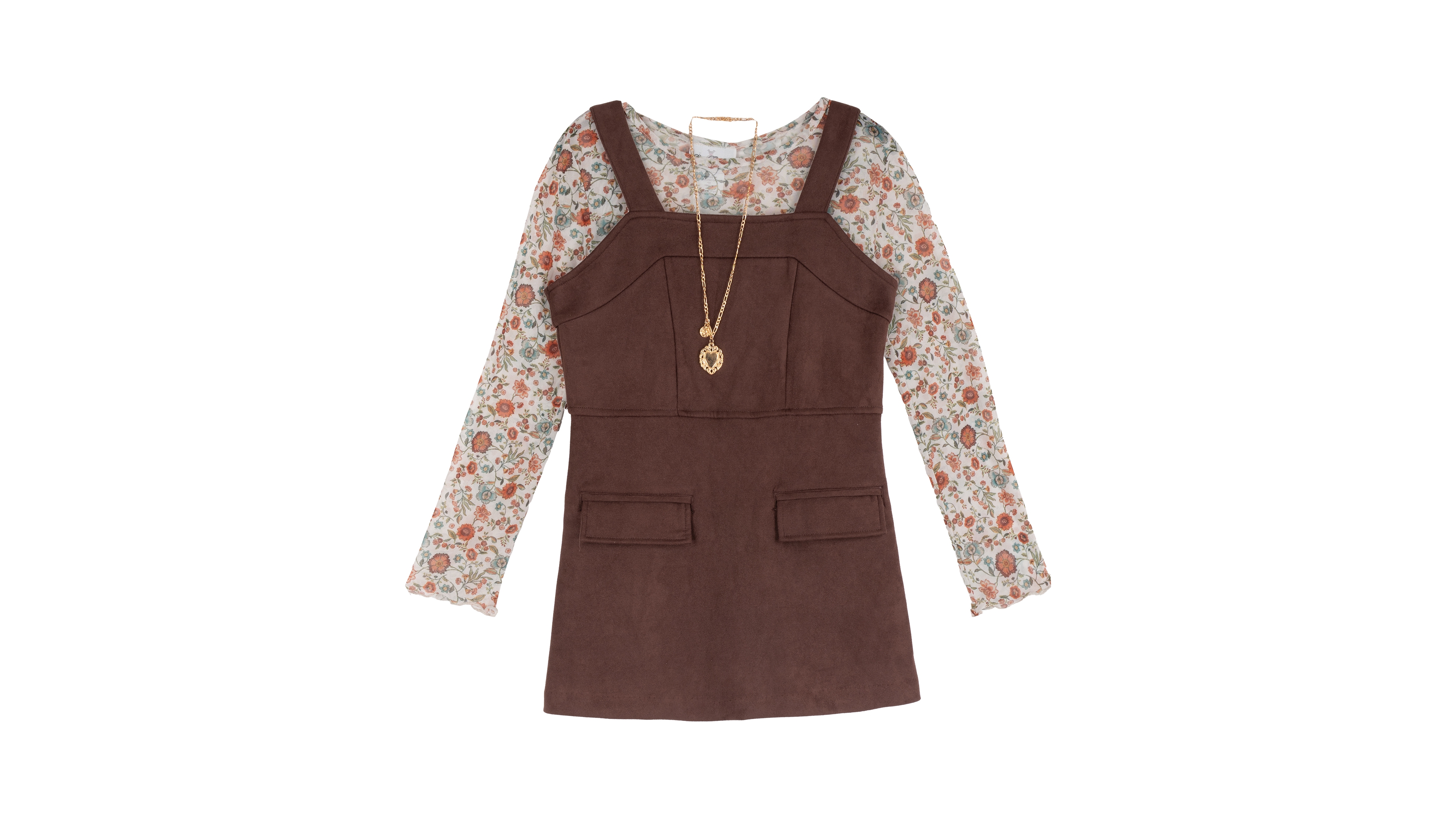 Rare Editions Girls' 4-16 Faux-Suede Square-Neck Floral-Print Jumper, Top and Necklace, 3-Piece Set