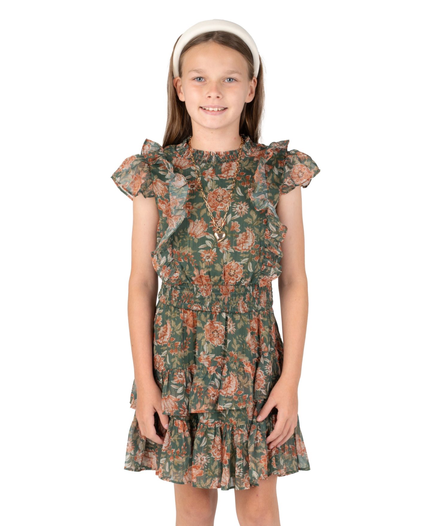 Комплекты Rare Editions Floral-Print Tiered-Ruffle Dress with Faux Suede Jacket and Necklace, 3-Piece Set для девочек, цвет: Оливковый — фото 2