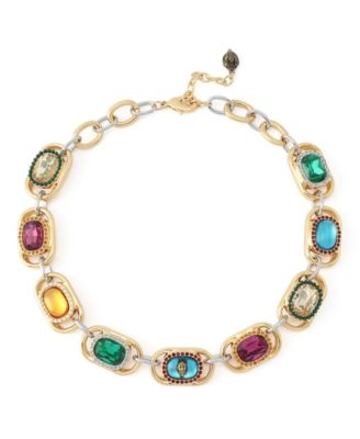 Multi-Stone Glass Crystal and Imitation Pearl Two-Tone Gemstone Chain Necklace