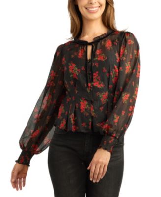 Juniors' Print Shimmer Long-Sleeve Sheer Floral-Print Blouse
