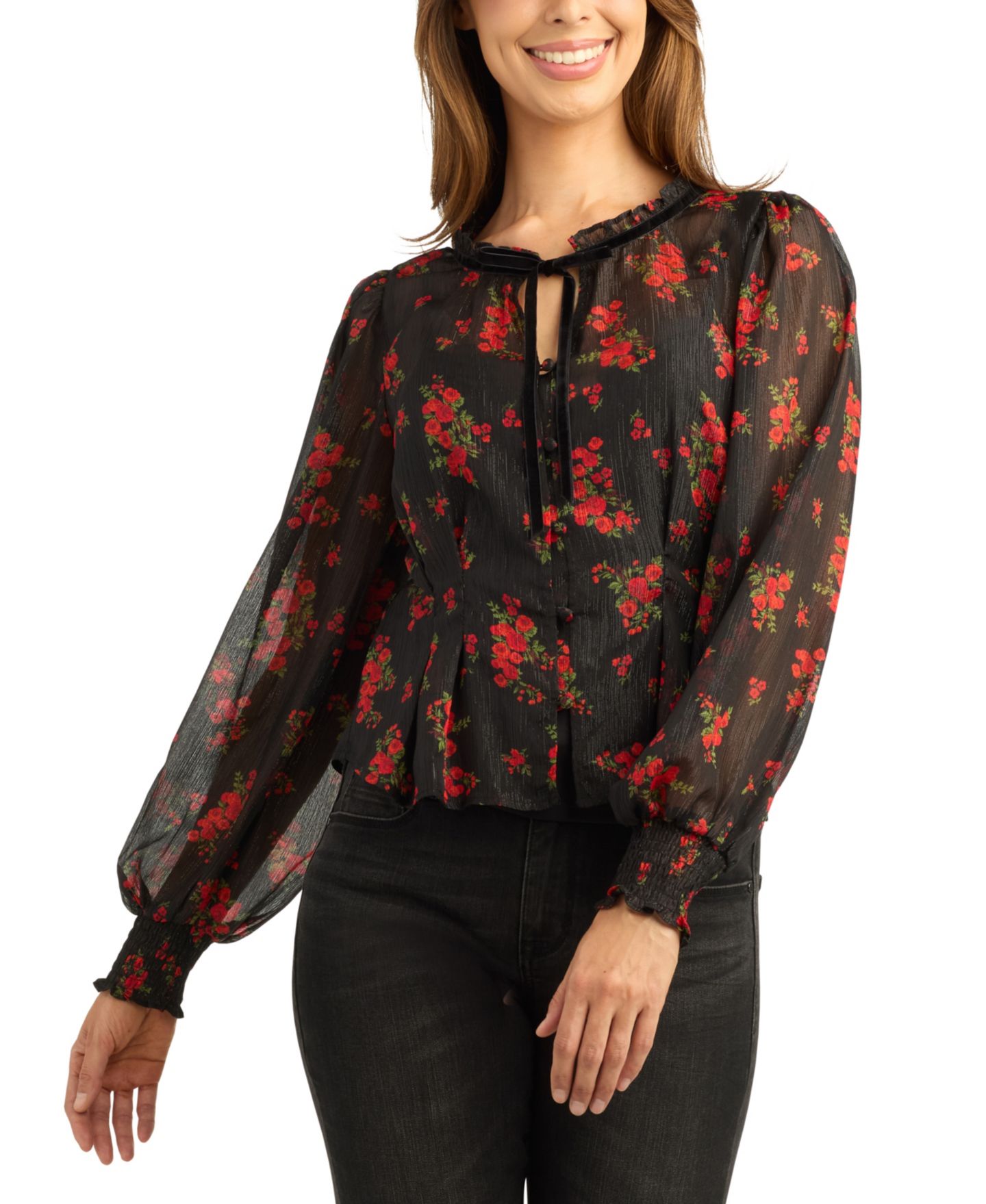 Женская блузка BCX Juniors' Print Shimmer Long-Sleeve Sheer Floral-Print, цвет: Pat A — фото 1