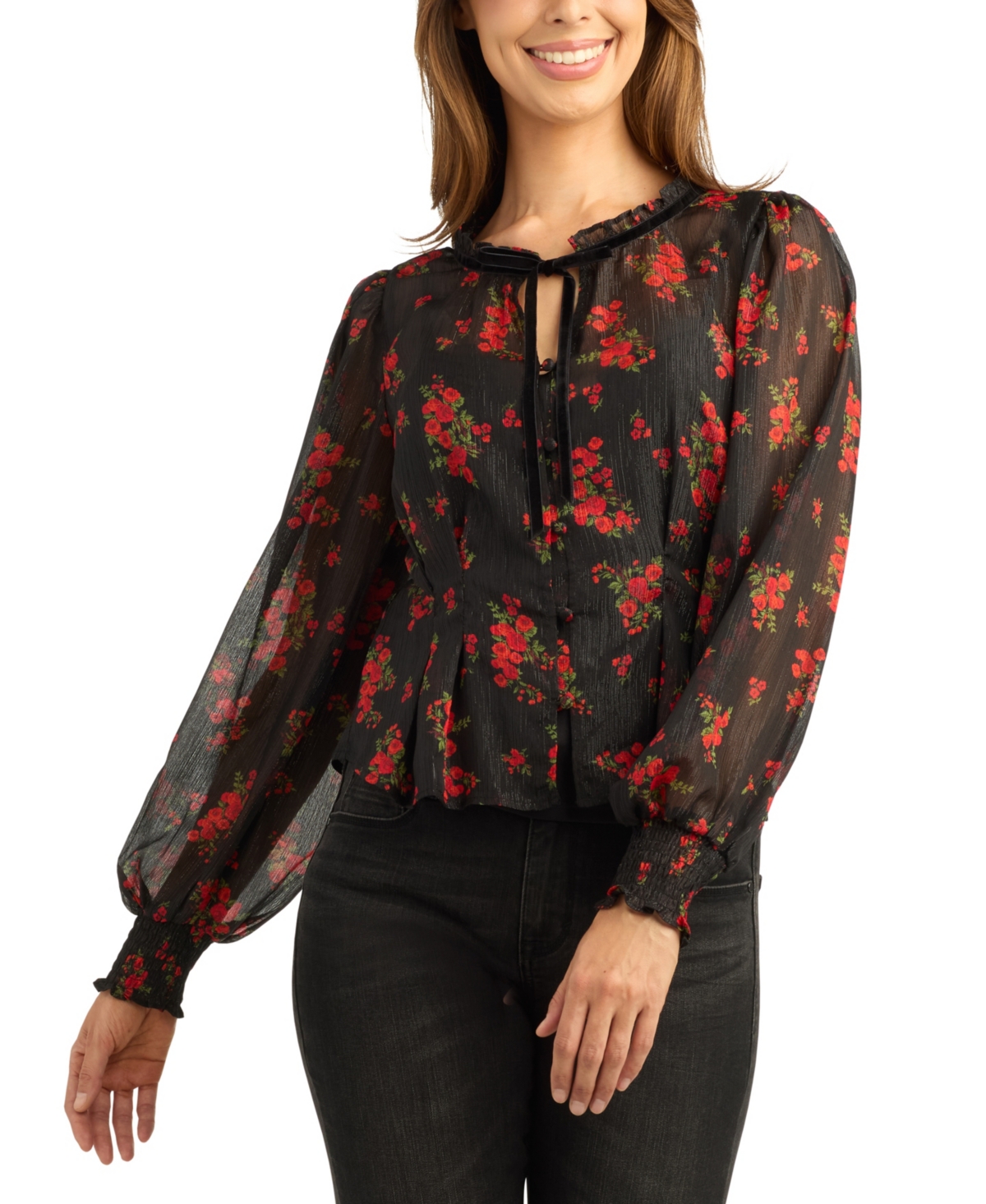 Bcx Juniors' Print Shimmer Long-Sleeve Sheer Floral-Print Blouse