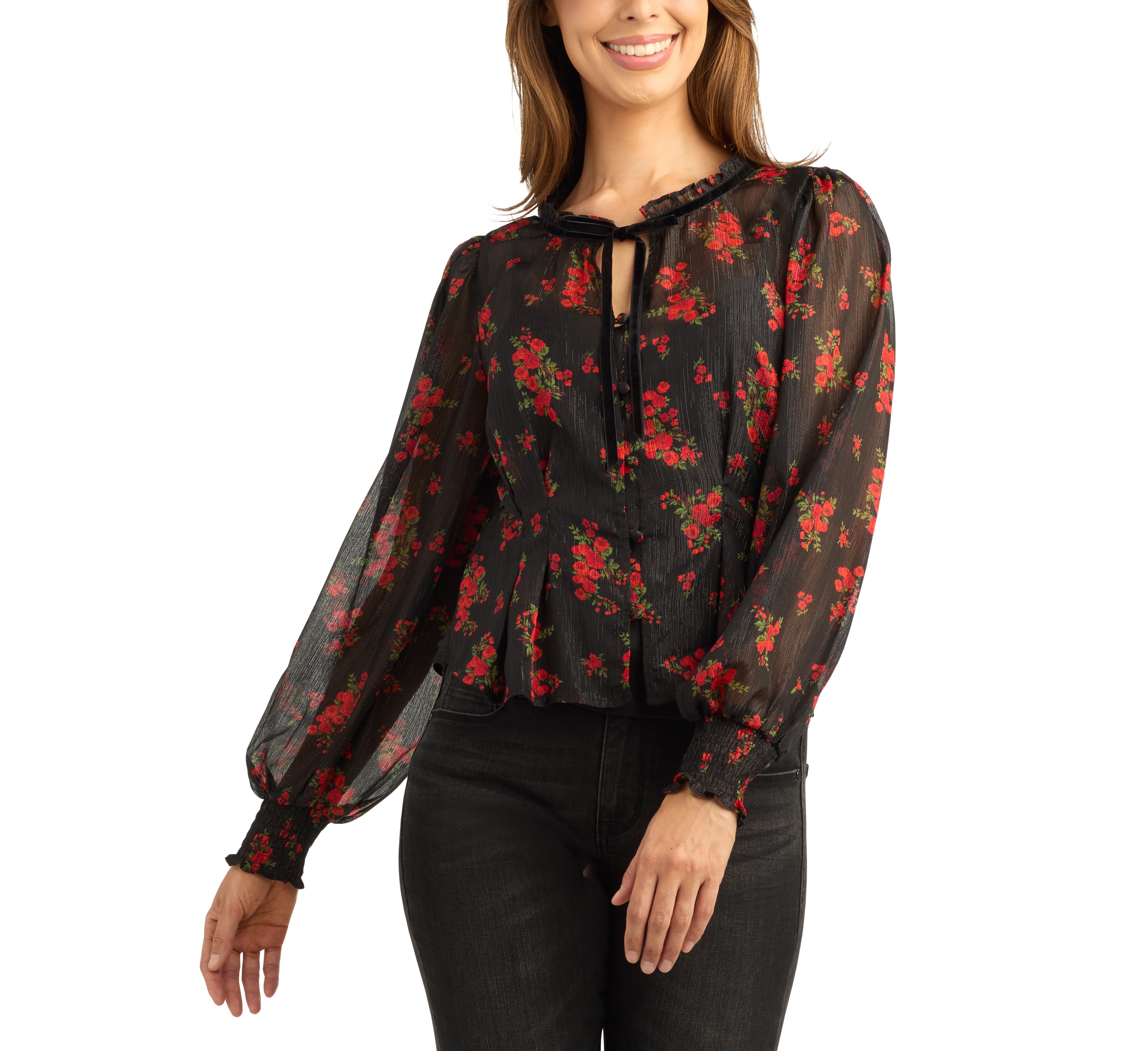 Bcx Juniors' Print Shimmer Long-Sleeve Sheer Floral-Print Blouse