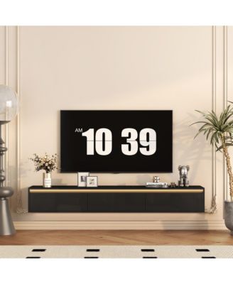 Wall-Mount High-Gloss Floating TV Cabinet with Touch LED Strip and Power Outlets