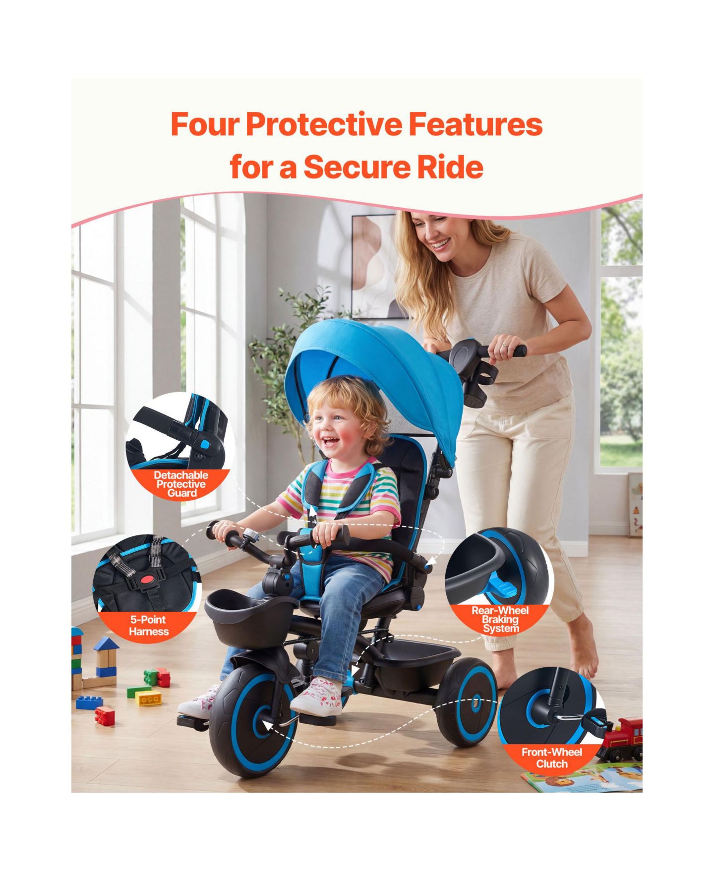 Детская игрушка HONGGE 6-in-1 Convertible Tricycle with Parent Push Handle and Canopy, 55-lb. Capacity, Ages 1-5, цвет: Синий чёрный — фото 4