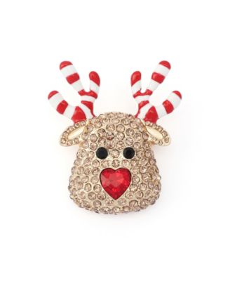 Gold-Tone Glass Crystal Candy Cane Reindeer Brooch