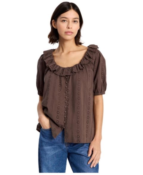 Женская блузка Albaray Floral-Print Ruffle Neck Button-Front, цвет: Коричневый