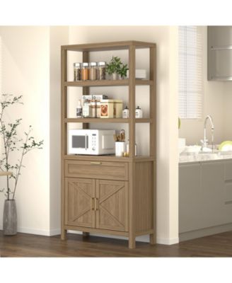 71" Tall Farmhouse Bookshelf with 3 Open Shelves, Drawer and Cabinet, Wooden Display Storage Bookcase for Living Room Bedroom