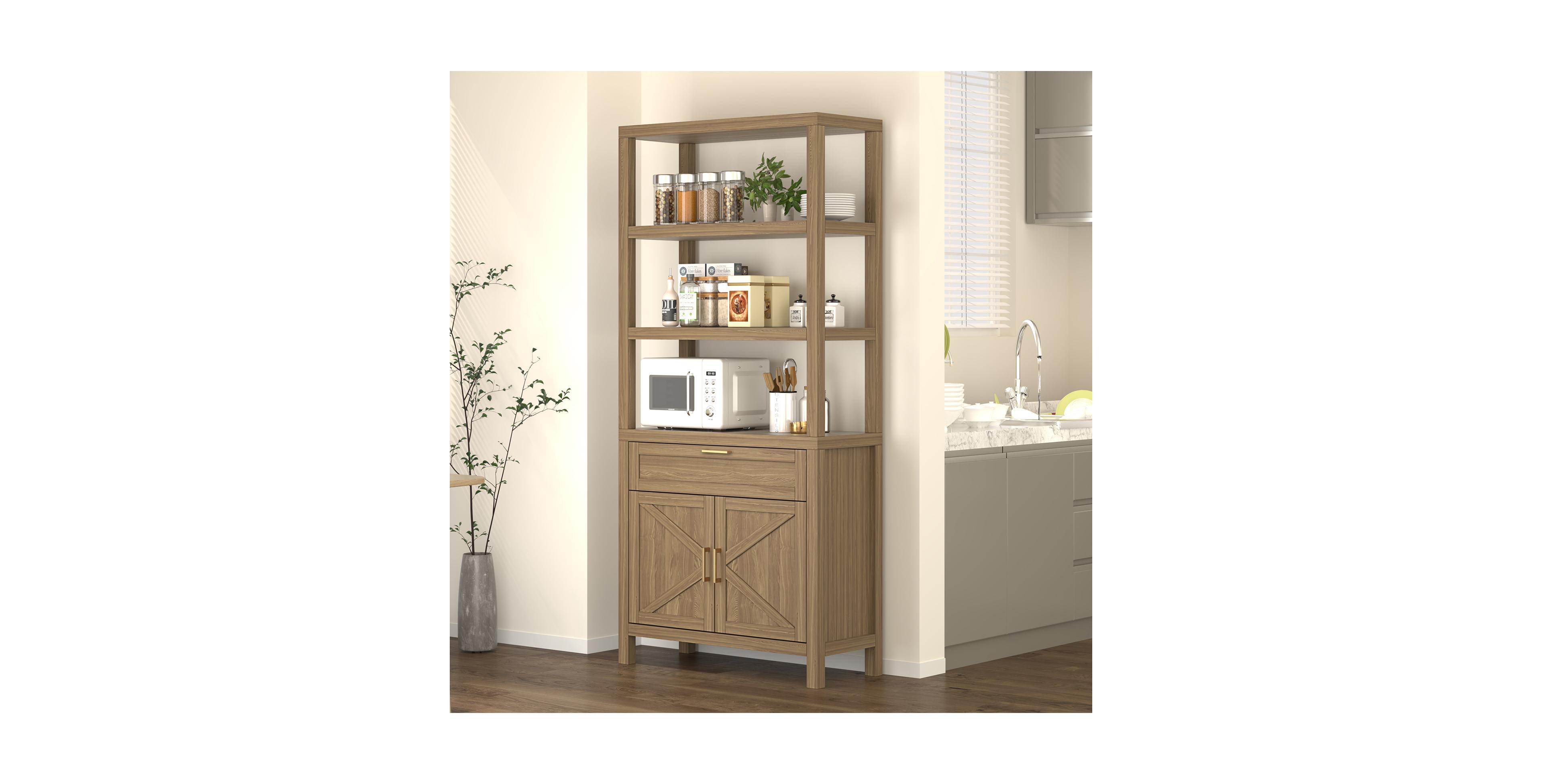 homfan 71" Tall Farmhouse Bookshelf with 3 Open Shelves, Drawer and Cabinet, Wooden Display Storage Bookcase for Living Room Bedroom