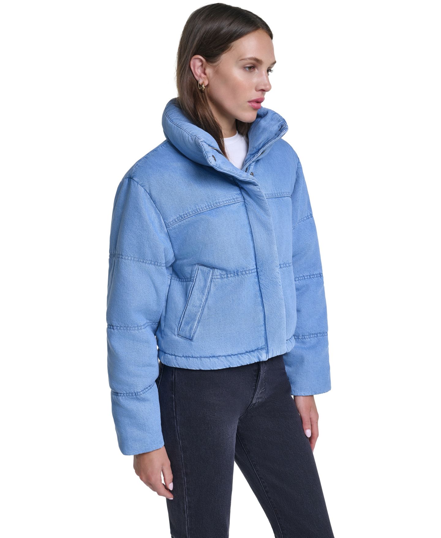 Женская куртка Levi's Puffer Stand Collar Cropped Faux Leather, цвет: Светлая варка джинсовый — фото 3