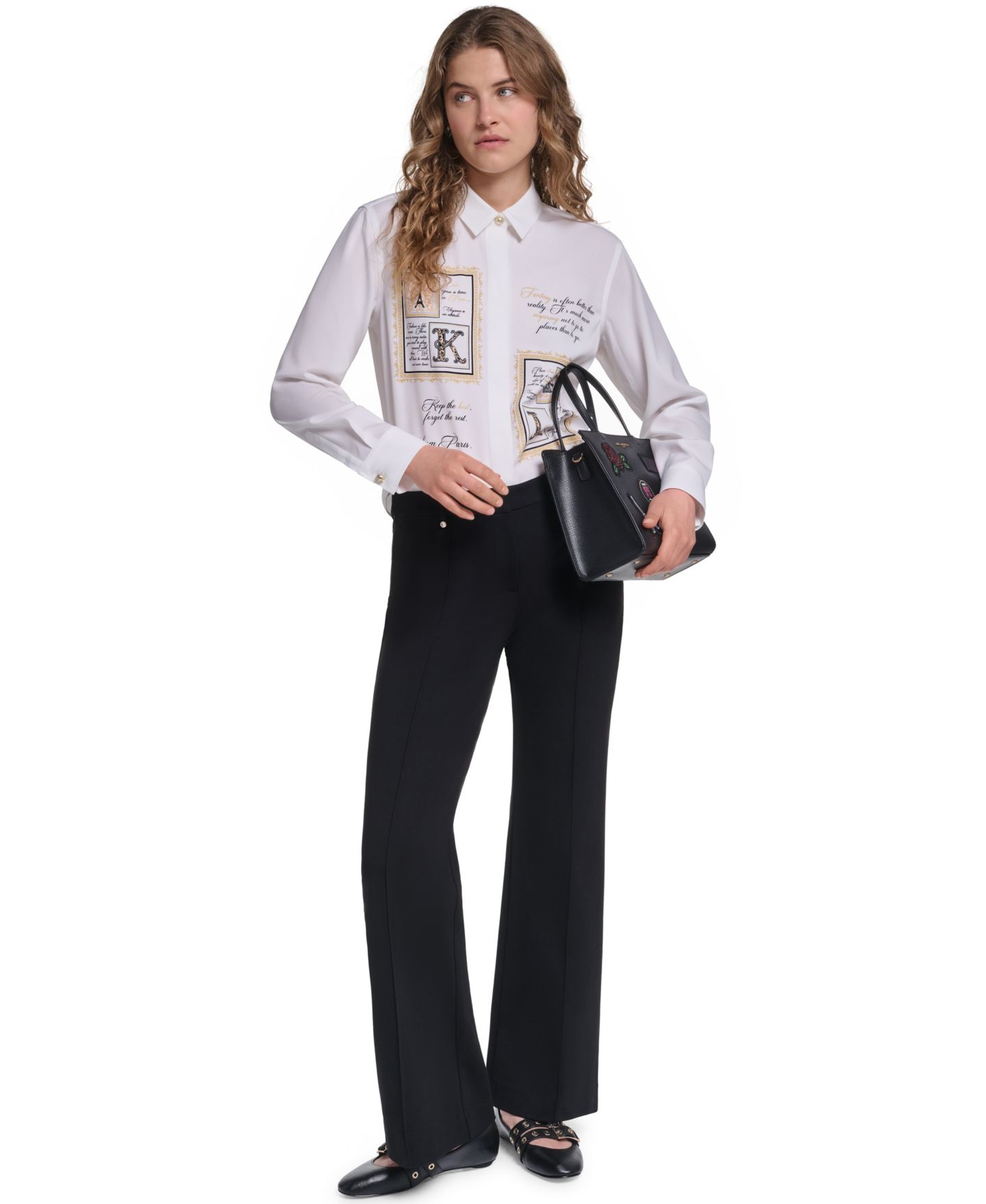 Женский топ KARL LAGERFELD PARIS Karl Frames Point Collar Long Sleeve Button Down, цвет: Мягкий белый — фото 6