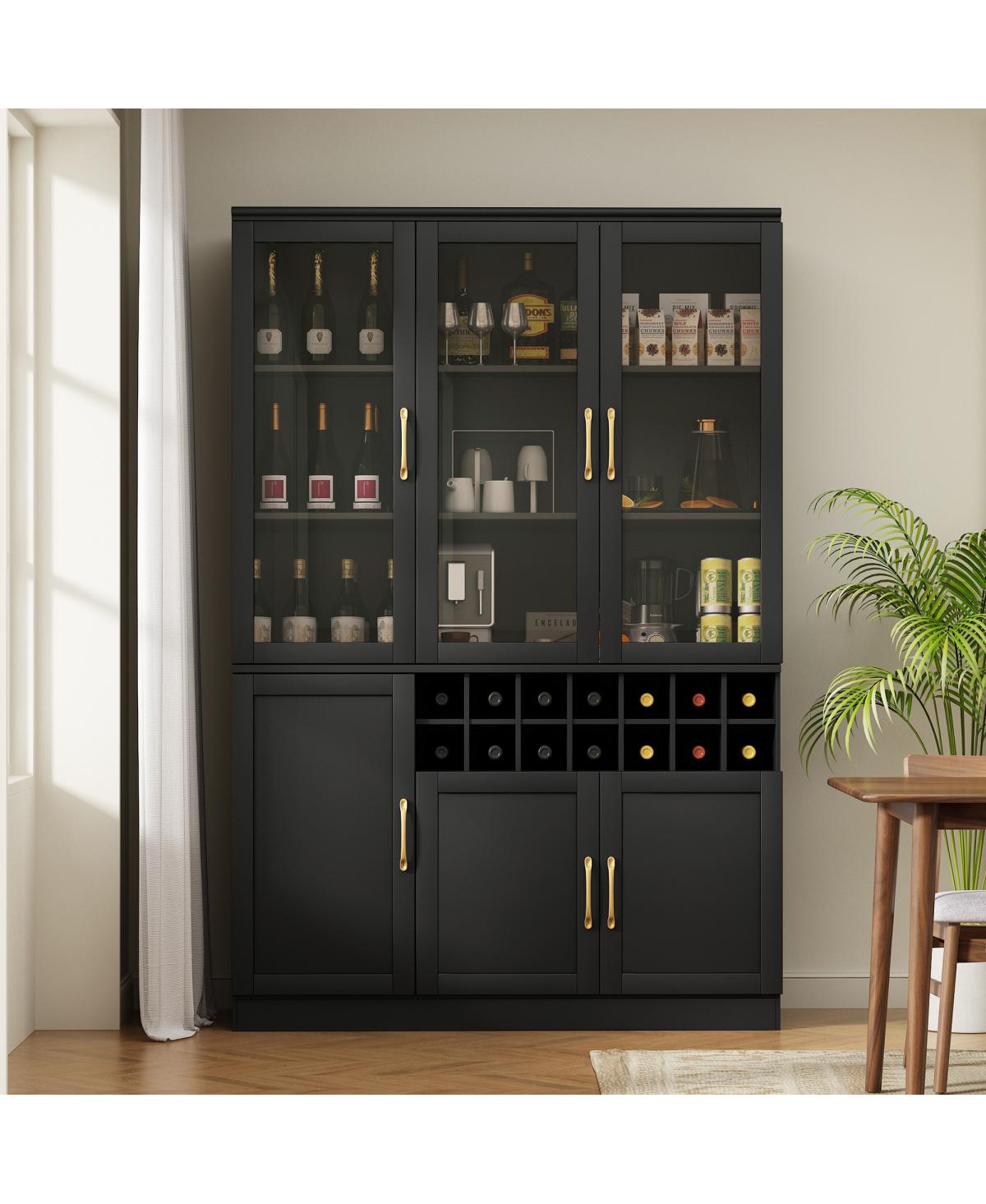 Streamdale Furniture 70.8-Inch Tall Modern Wine Bar Cabinet with Glass Doors and Wine Rack - Black+gold