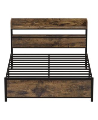 Queen Size LED Bed Frame with Power Outlets and Storage Headboard