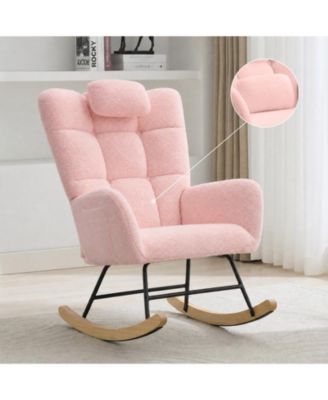 Fleece Tufted Headrest Wood-Metal Frame Glider Rocking Chair