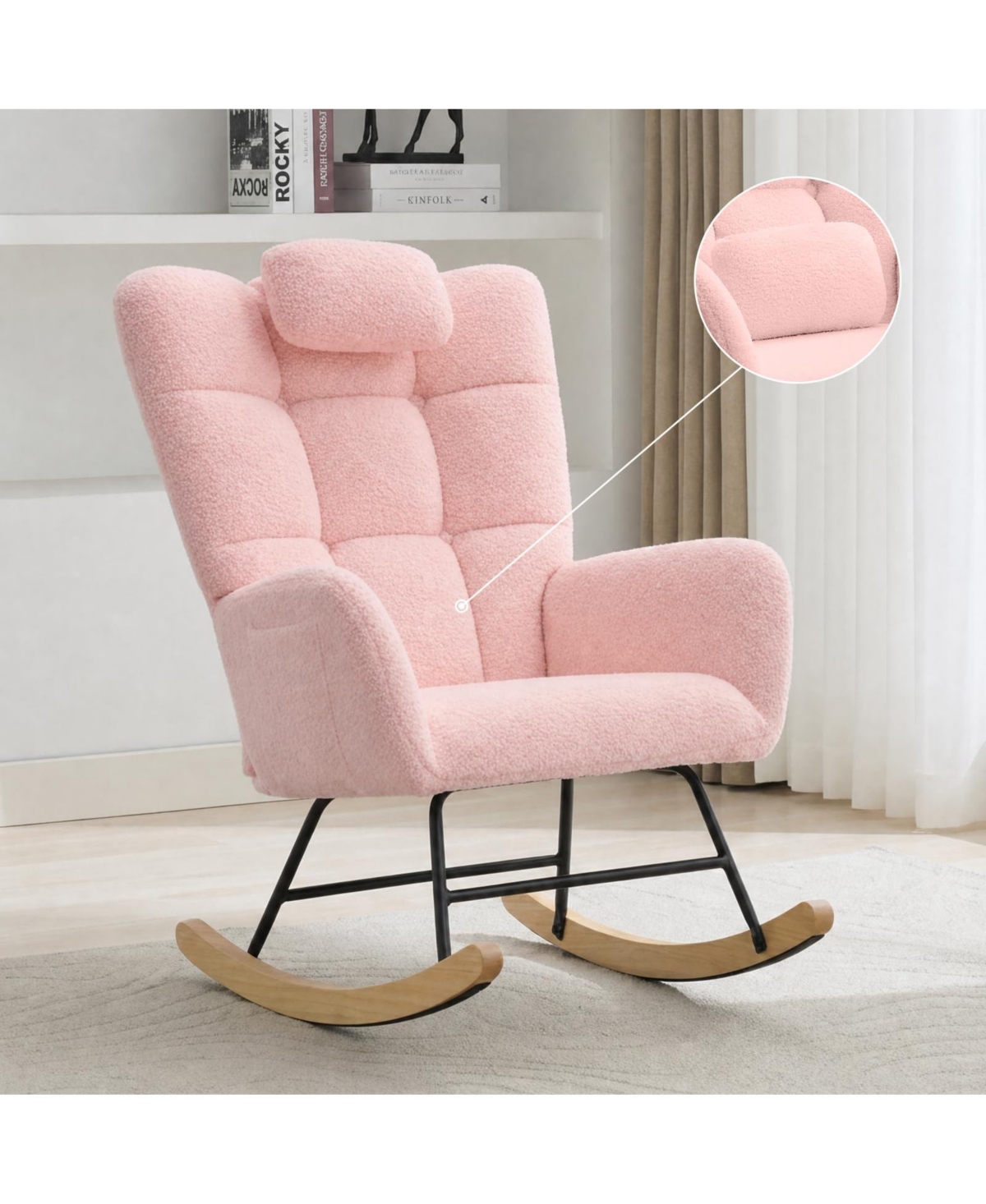 gaomon Fleece Tufted Headrest Wood-Metal Frame Glider Rocking Chair - Pink