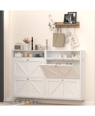 Metal Shoe Cabinet with 2 Flip Drawers, Slim Wall Mounted Shoe Rack