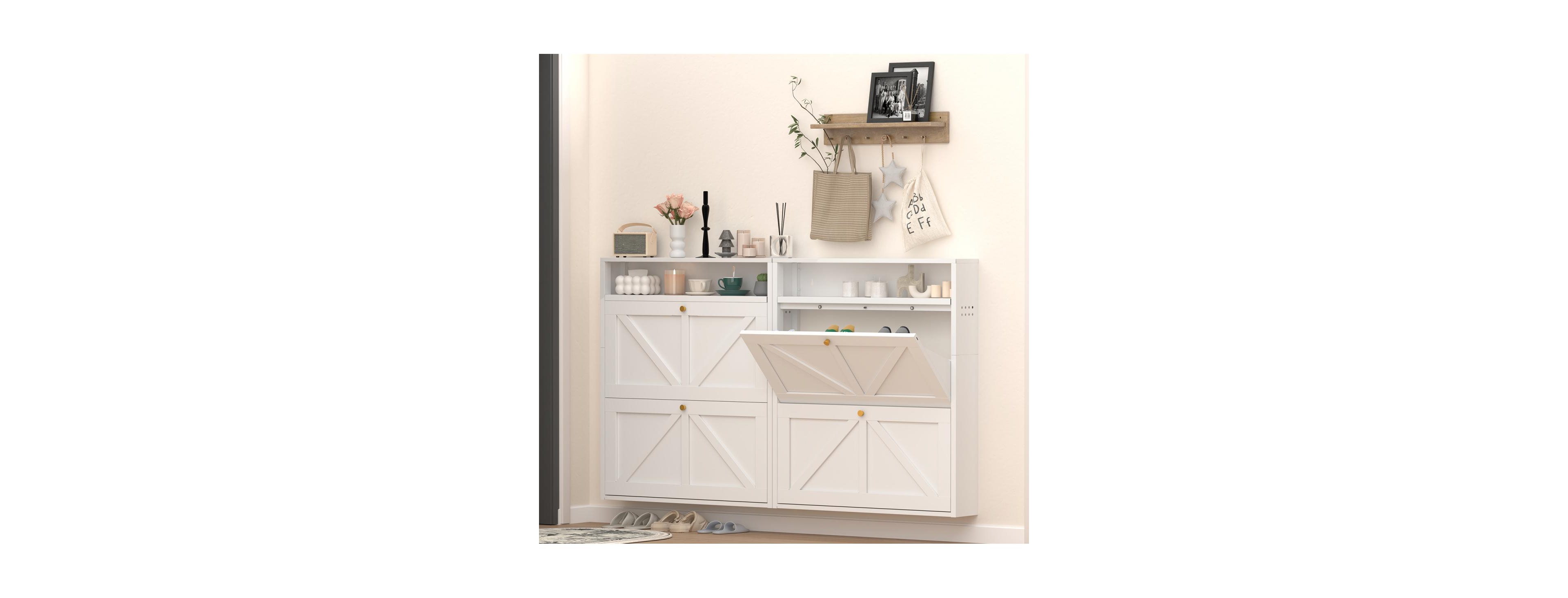 Streamdale Furniture Metal Shoe Cabinet with 2 Flip Drawers, Slim Wall Mounted Shoe Rack