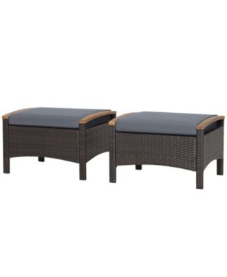 Set of 2 Wicker Patio Ottomans with Acacia Handles and Removable Cushions