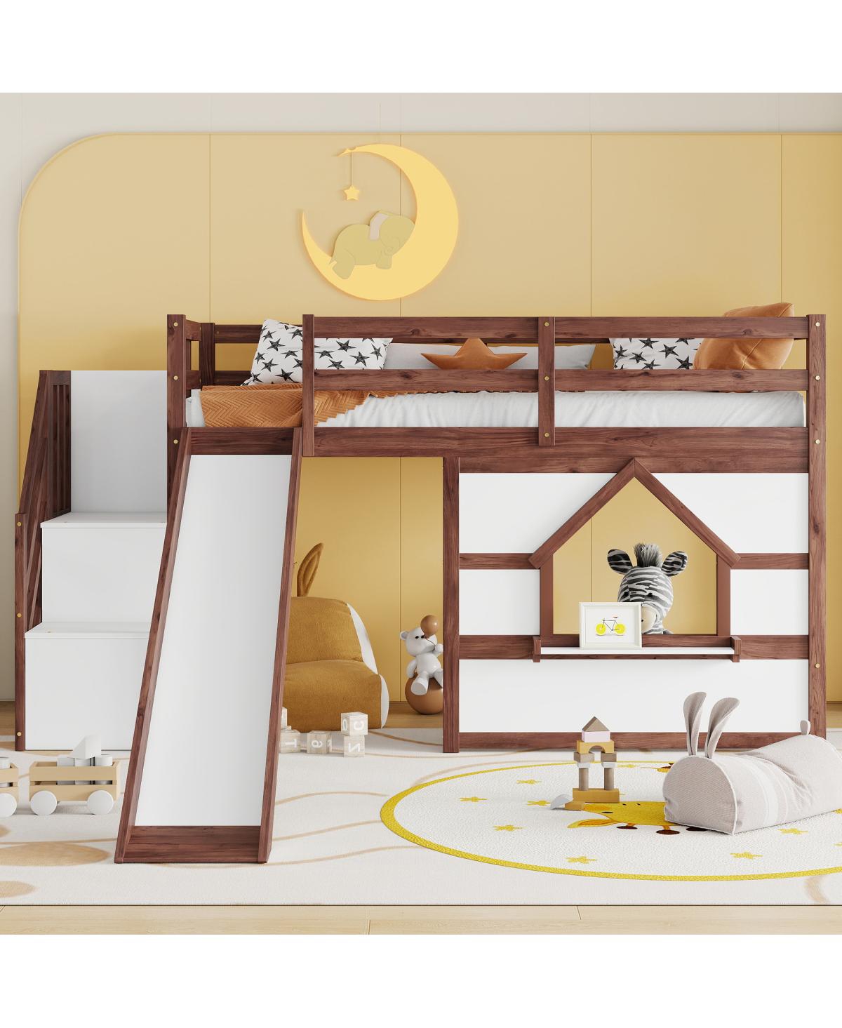 Streamdale Furniture Kids Twin Loft Bed with Slide, Storage Stairs and Led Lights - Walnut,white