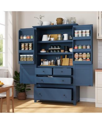 72" Farmhouse Kitchen Pantry Cabinet with Shaker Doors, 4 Drawers and Shelves